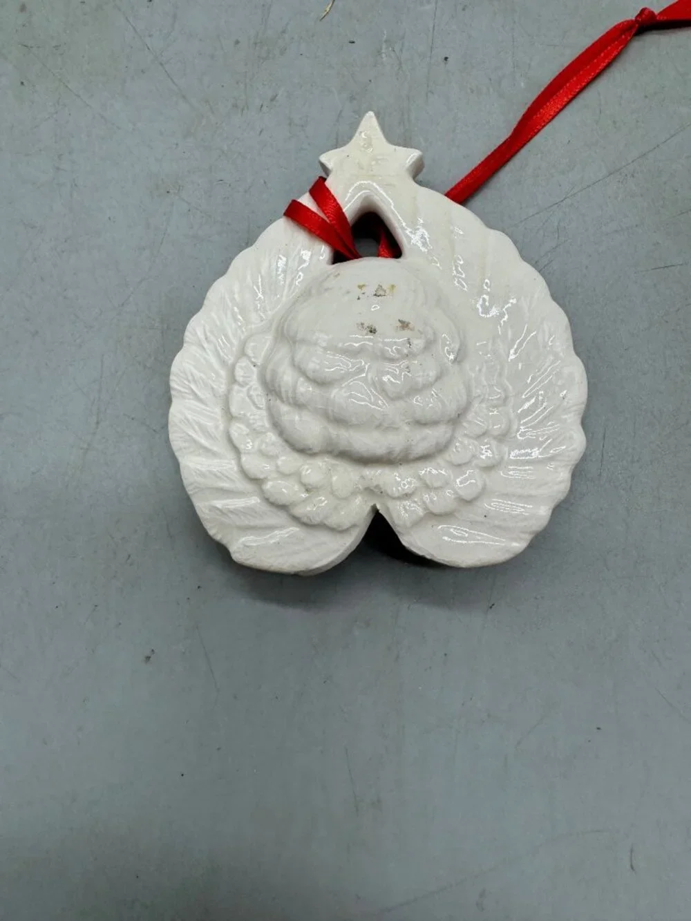 Holiday Ceramic Angel Wing Ornament With Star & Red Ribbon Hanging READ